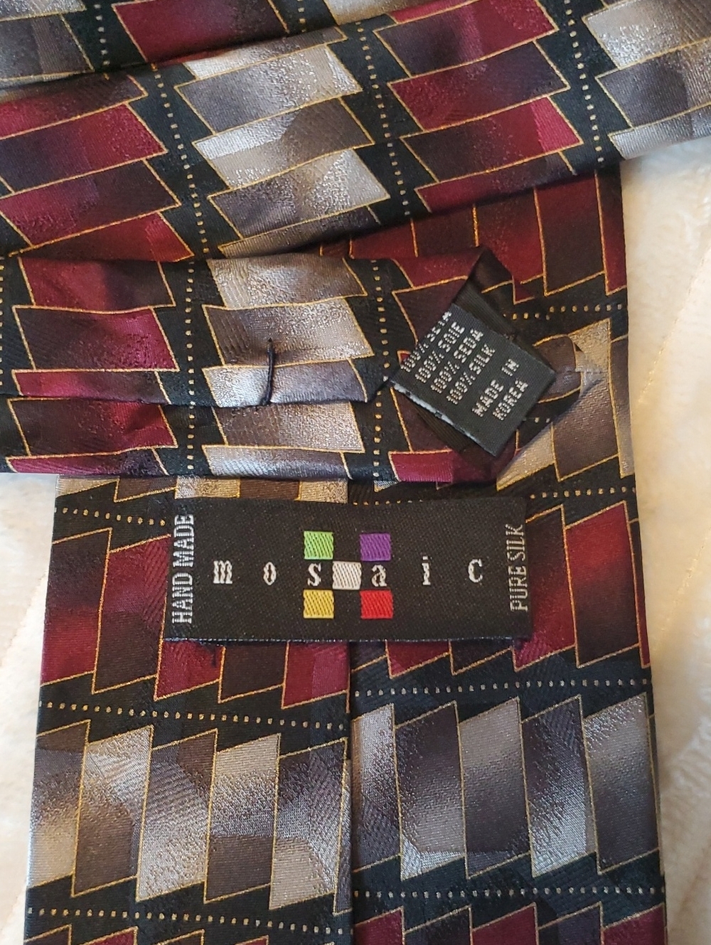 Mosaic Tie, Pure Silk, Red, Gray, Black, Made In Korea - Picture 3 of 3
